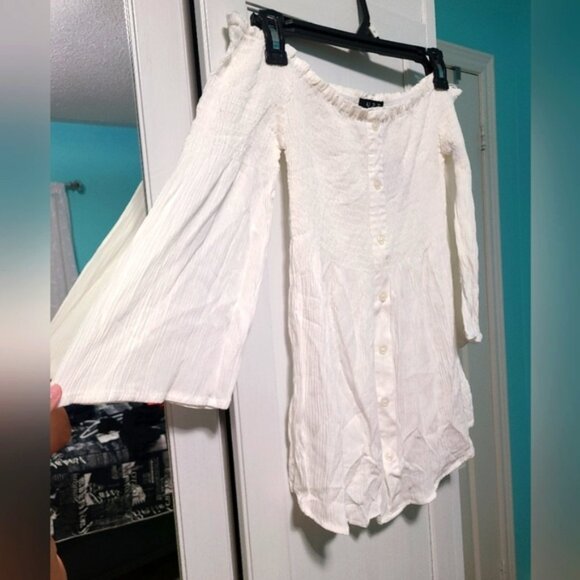 White Off-Shoulder Smocked Peasant Cottage Core Flounce Long Sleeve Crepe Top - Picture 1 of 11